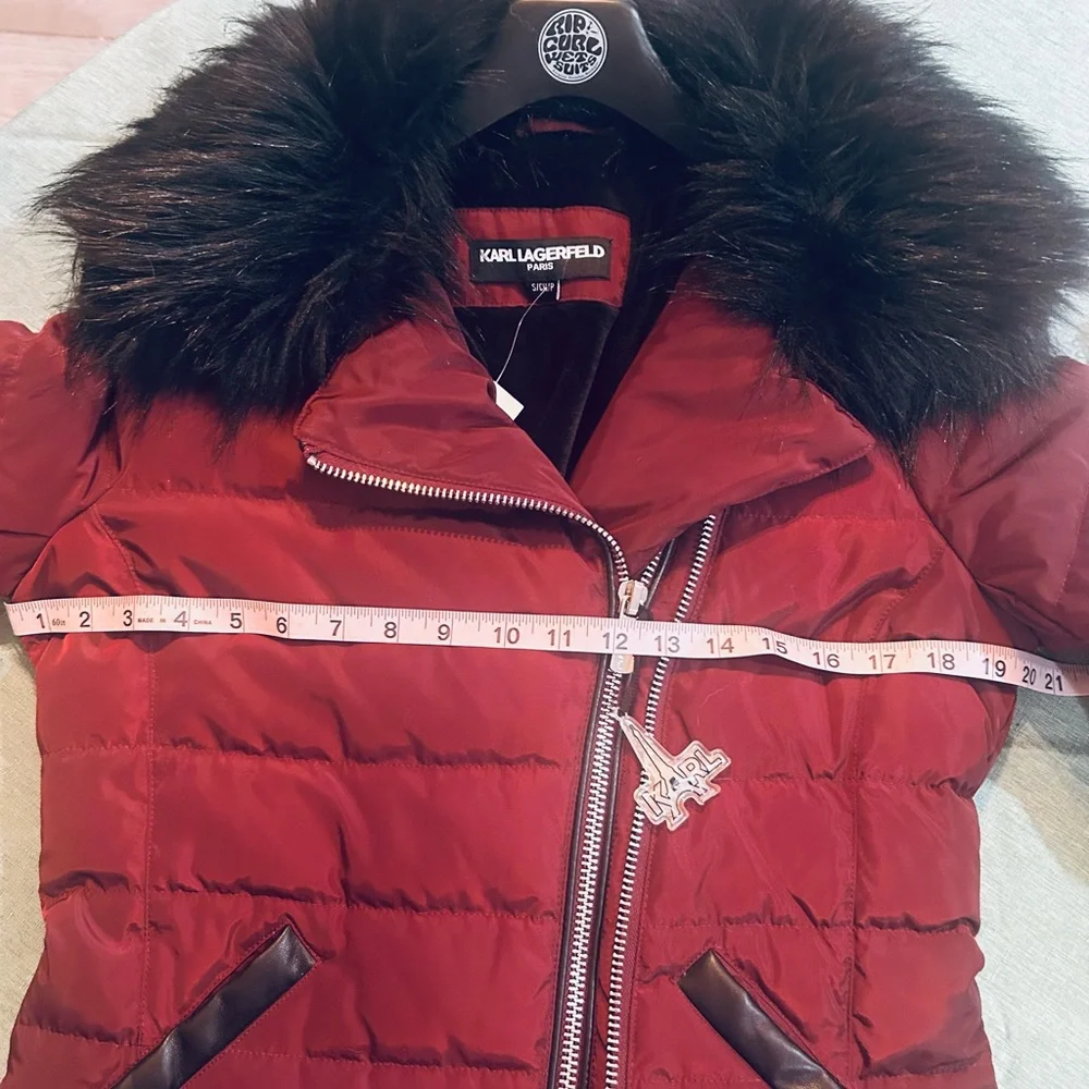 Karl Lagerfeld Paris Faux Fur Collar Puffer Jacket in Oxblood - Picture 12 of 15